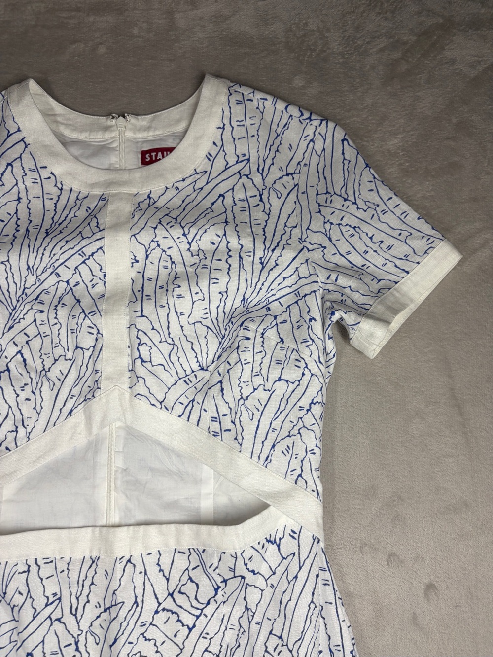 Staud Perla Blue White Palm Linen Cut Out Preppy Short Sleeve Cocktail Dress 10 - Picture 5 of 16